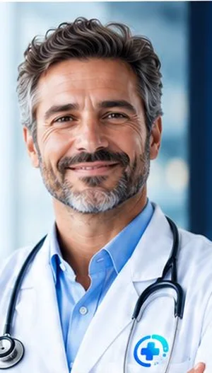Médico de jaleco branco com estetoscópio, sorrindo, em ambiente clínico claro.